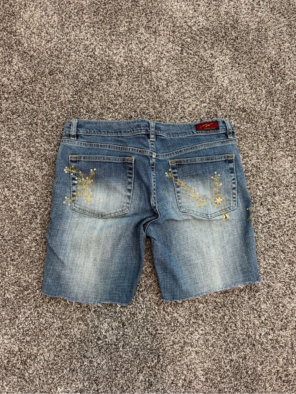 Machine Embellished Blue Denim Jean Shorts with Gold Accents